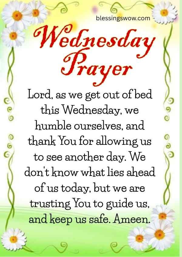 A peaceful Wednesday prayer image with a flower frame background, expressing gratitude for a new day and asking for guidance and safety