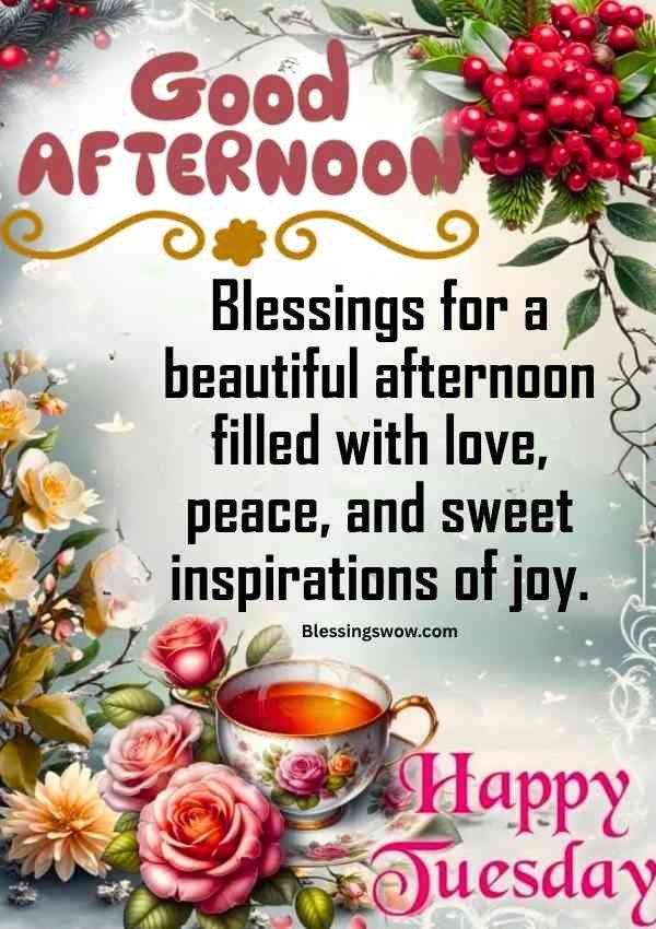 Good afternoon Tuesday image with tea cup and floral design
