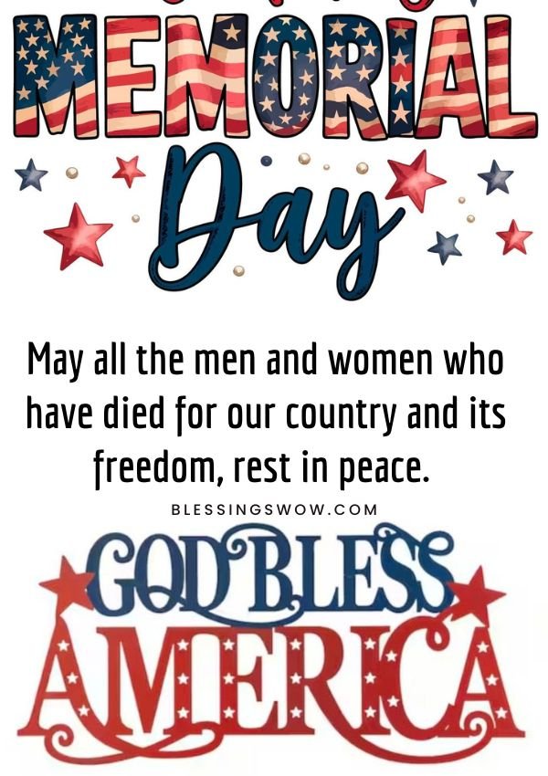 religious Memorial Day blessing with patriotic typography and God Bless America design