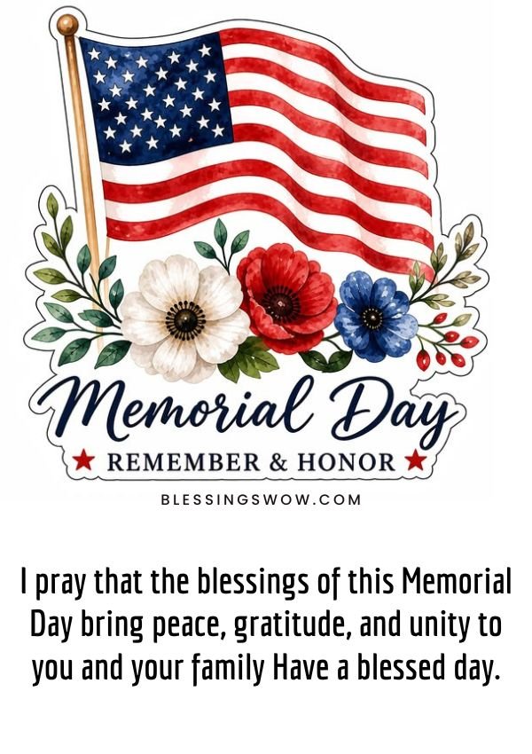 American flag Memorial Day prayer artwork with remembrance blessing and floral decoration