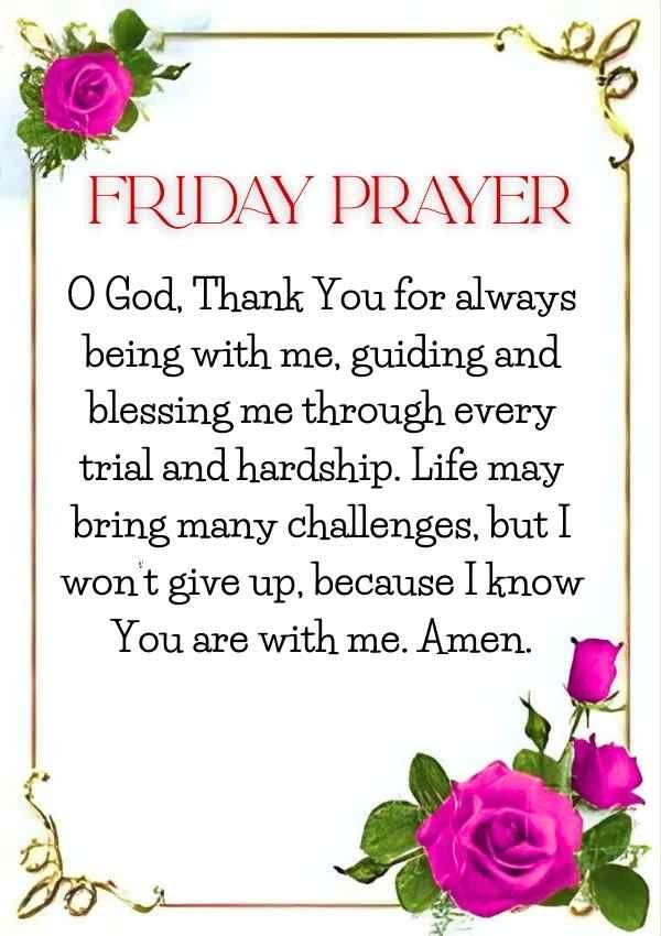 Friday Prayer with pink roses, featuring a prayer thanking God for guidance, blessings, and strength through challenges