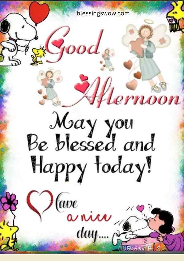 Good afternoon blessings image with Snoopy and Lucy sharing love and positive wishes.