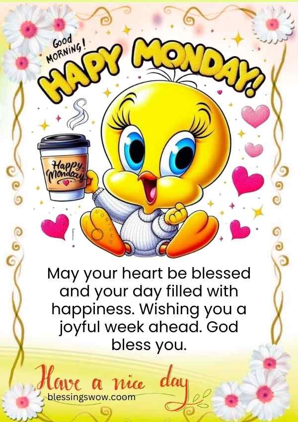 Good morning and happy Monday  blessing with coffee cup illustration and happy vibes