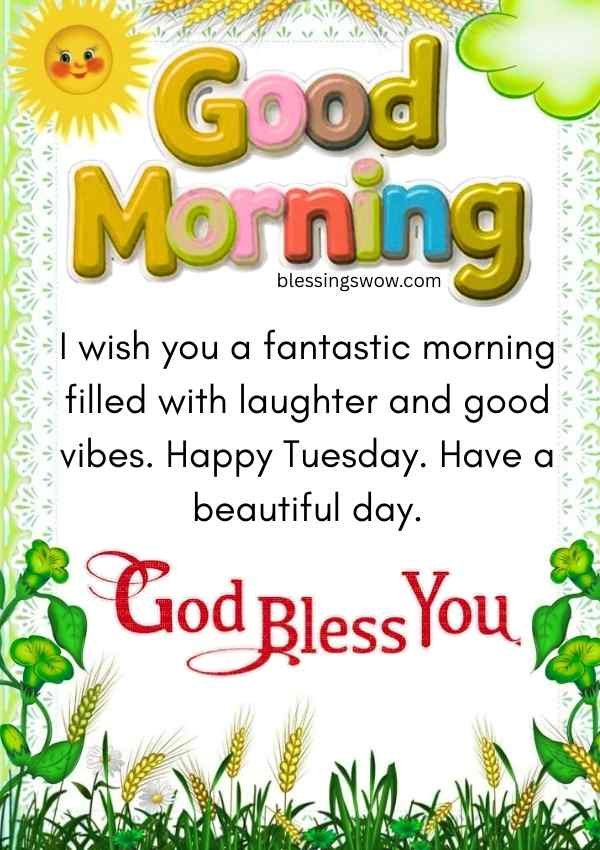 Good morning Tuesday wish with colorful text and floral design