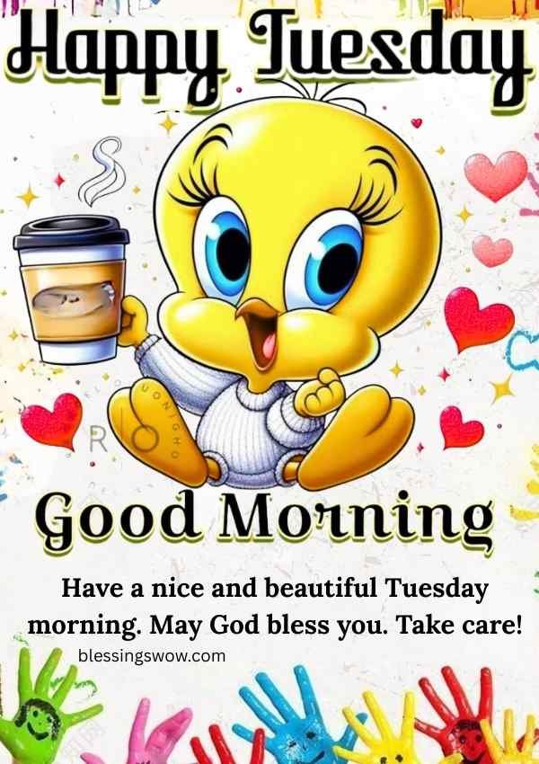 Happy Tuesday good morning image with cute cartoon bird holding coffee