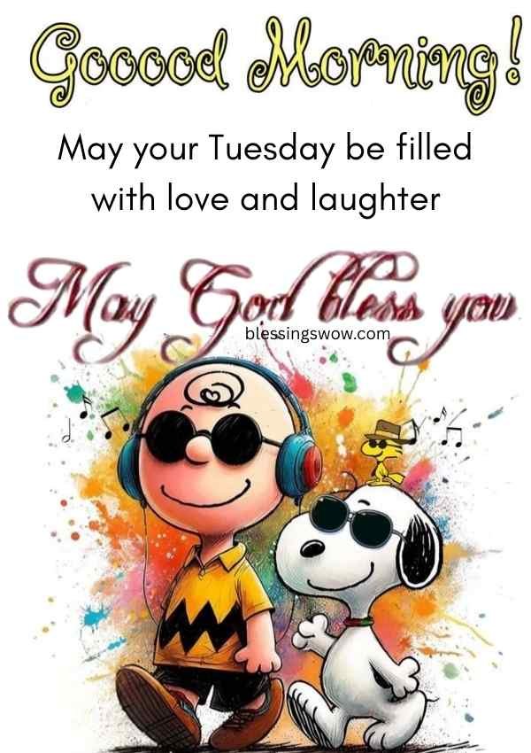 Tuesday blessings smiling cartoon boy and dog illustration