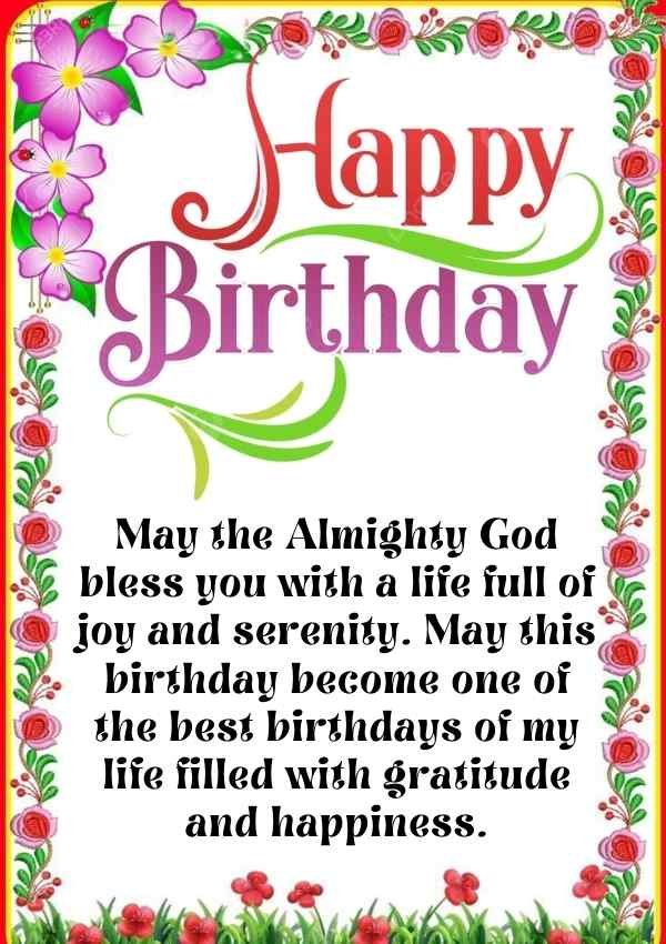 Floral happy birthday card with a prayer asking God for joy, serenity, and happiness.