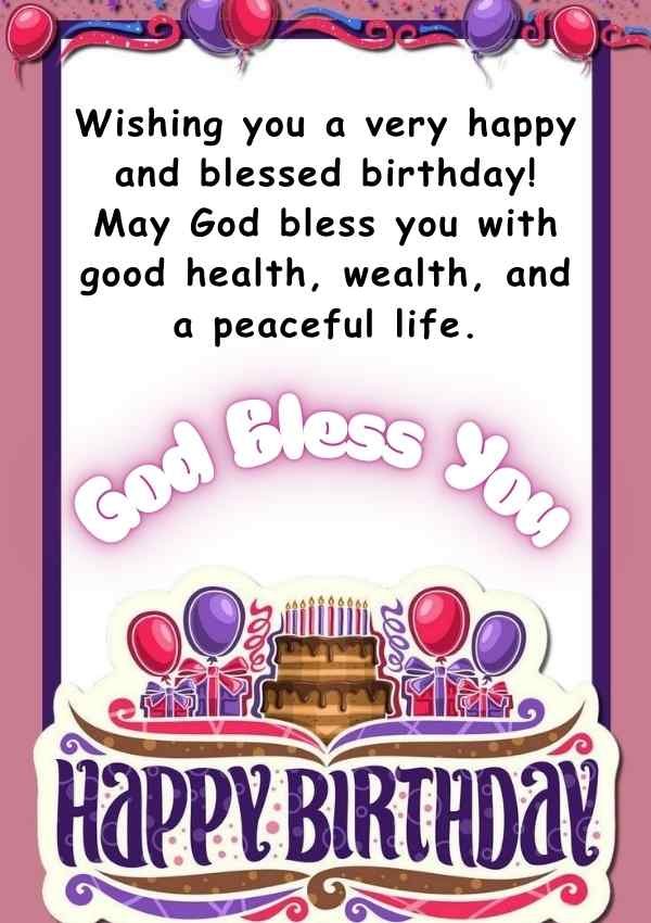 Happy birthday card with balloons, cake, and a blessing for health, wealth, and peace.